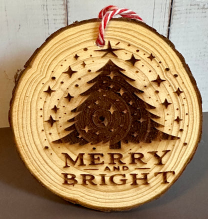 Engraved Live Edge Wooden Round Ornament - Merry & Bright Christmas Tree