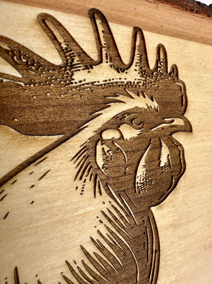 Rooster on Fence Live Edge Rectangular Plaque