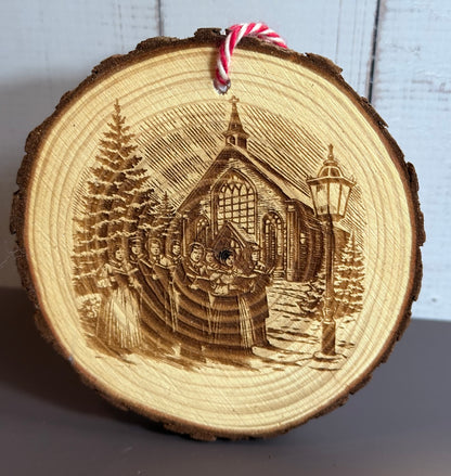 Engraved Live Edge Wooden Round Ornament - Vintage Carolers with Church