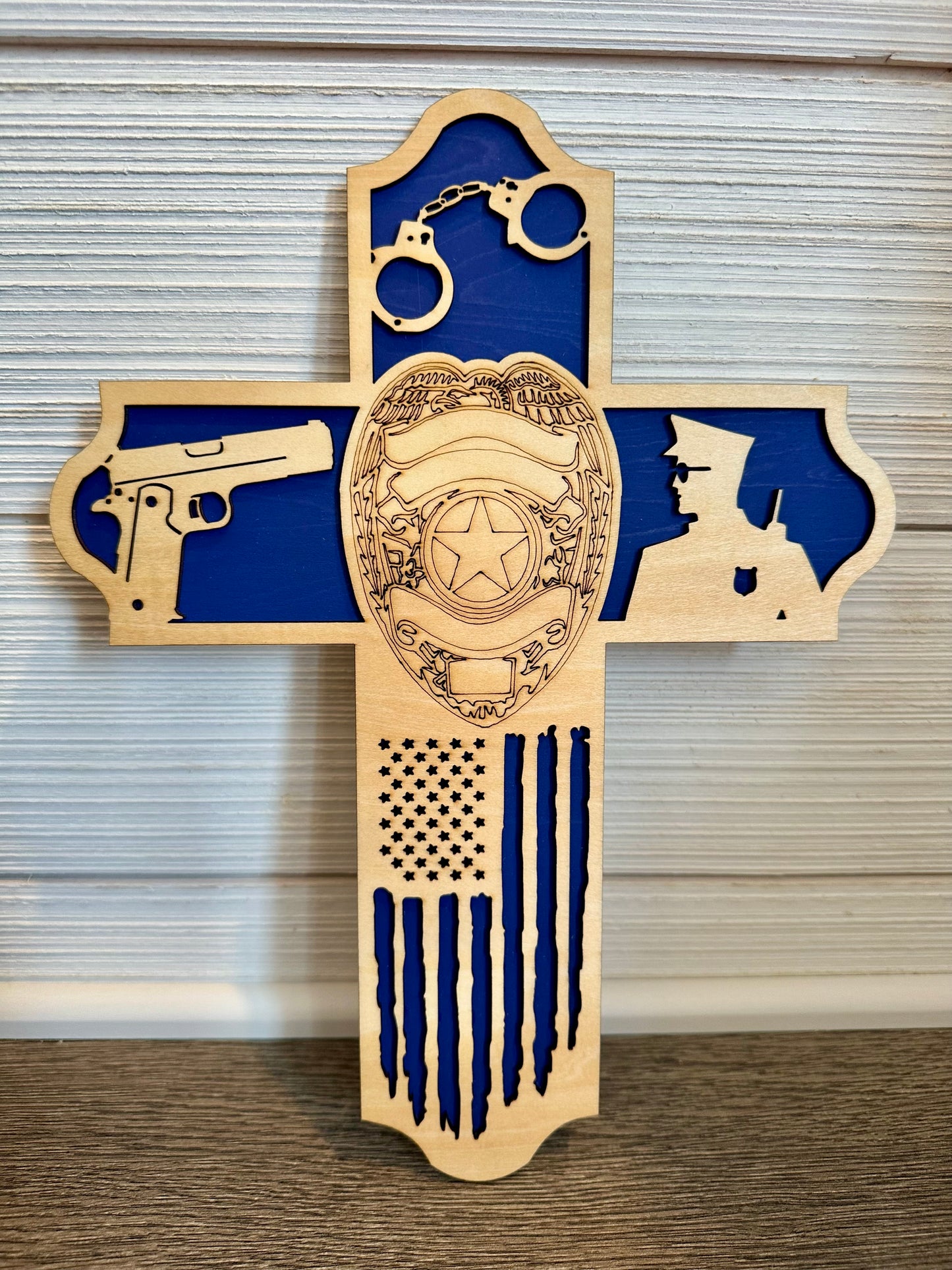 3D Layered and Engraved Wood Cross - Police / Law Enforcement