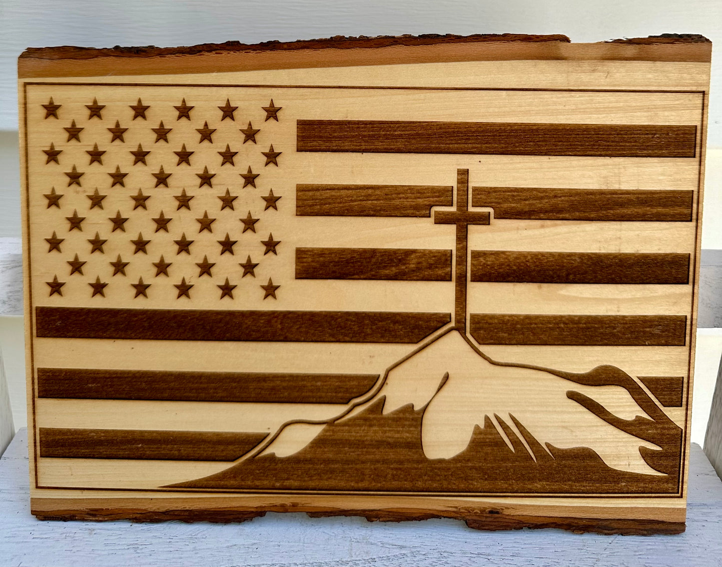 Cross on Hill with Flag Live Edge Rectangular Plaque