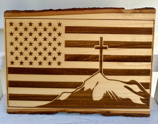 Cross on Hill with Flag Live Edge Rectangular Plaque