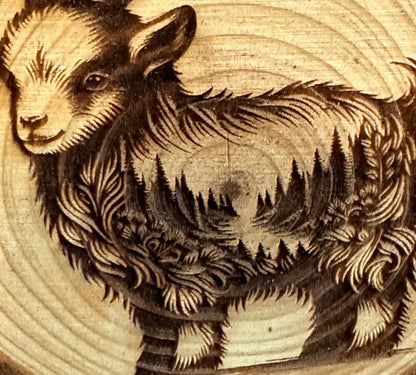 Engraved Live Edge Wooden Round Ornament - Goat with Inner Wilderness Scene