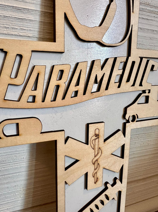 3D Layered and Engraved Wood Cross - Paramedic