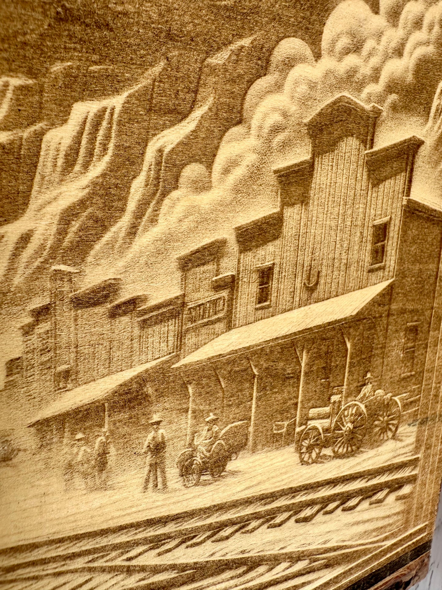 Steam Train in Western Town Live Edge Rectangular Plaque
