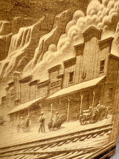 Steam Train in Western Town Live Edge Rectangular Plaque