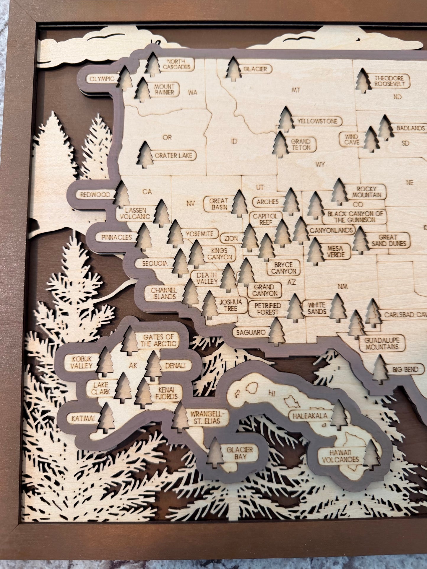 3D National Park Map Visit Tracker - Brown Tree Lines