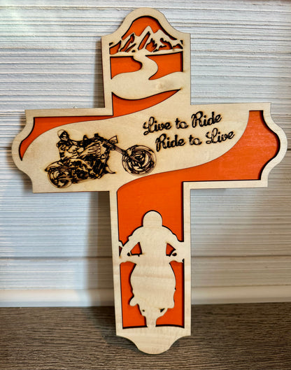 3D Layered and Engraved Wood Cross - Motorcycle