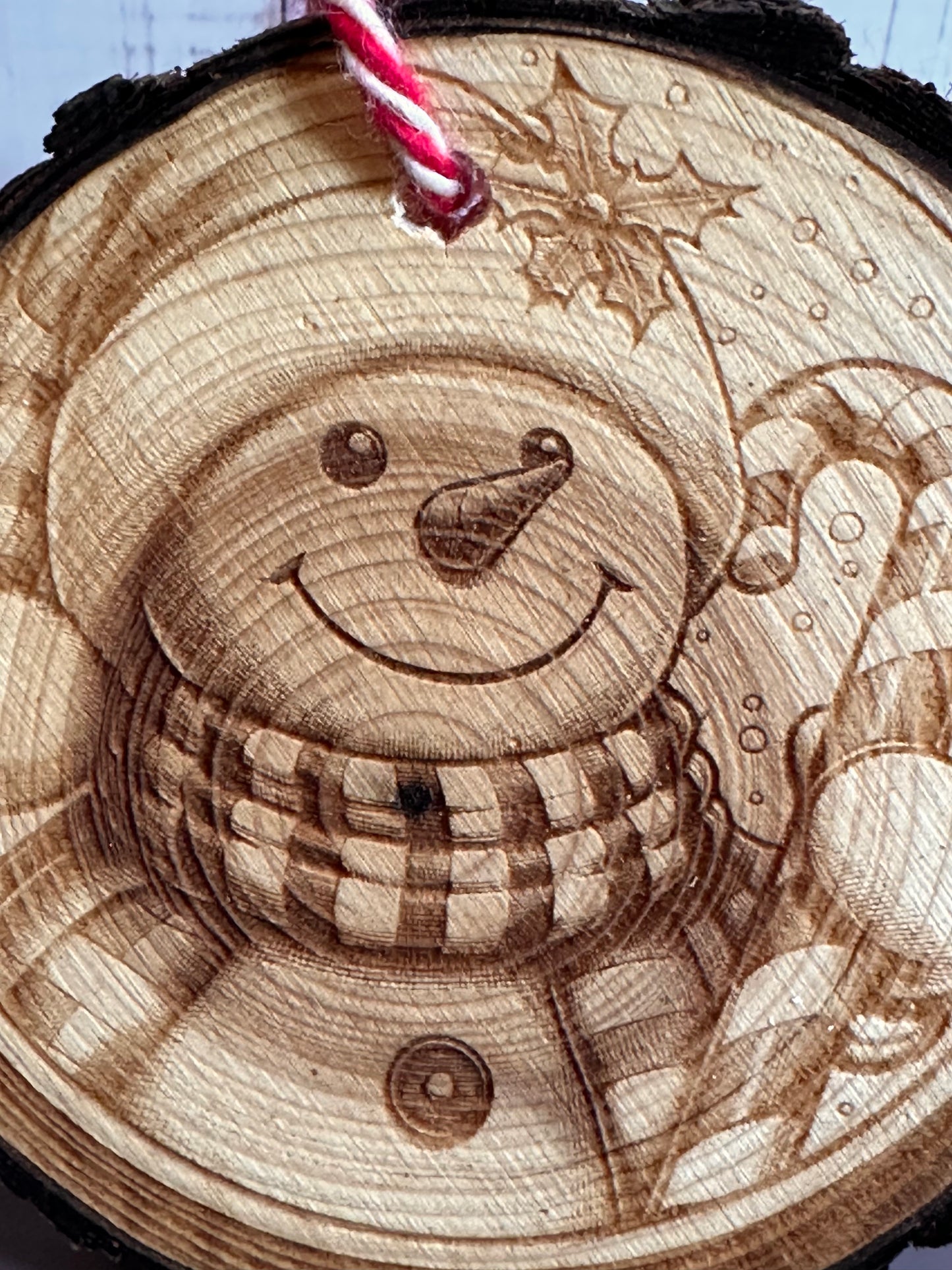 Engraved Live Edge Wooden Round Ornament - Snowman with Candy Cane