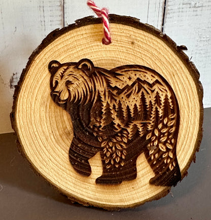 Engraved Live Edge Wooden Round Ornament - Bear with Inner Wilderness Scene