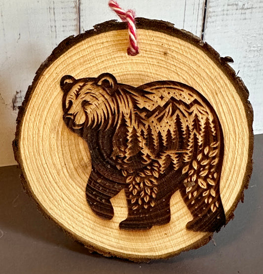 Engraved Live Edge Wooden Round Ornament - Bear with Inner Wilderness Scene