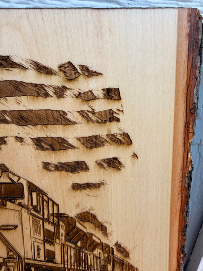 Plaque Live Edge Rectangular - Train 490 with Flag and Tracks