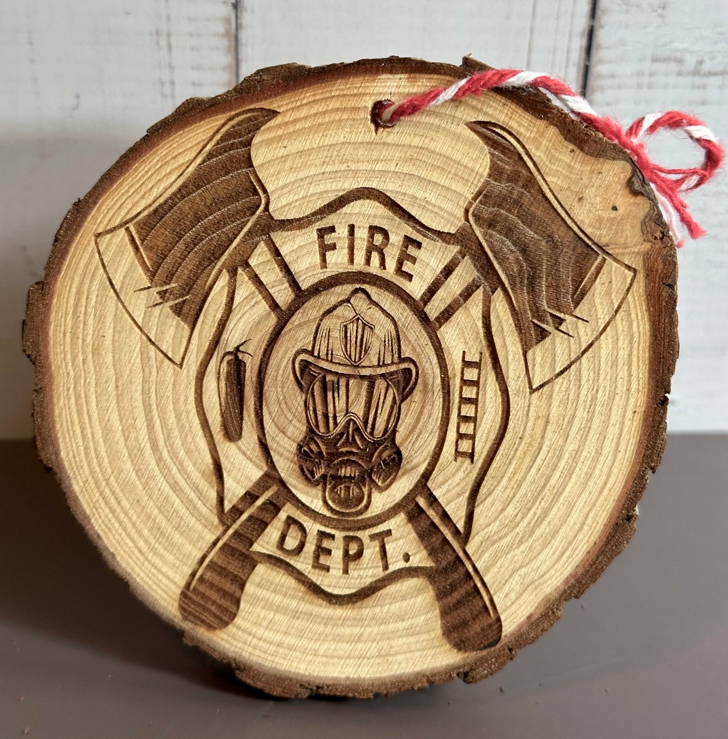 Engraved Live Edge Wooden Round Ornament - Fire Department Emblem