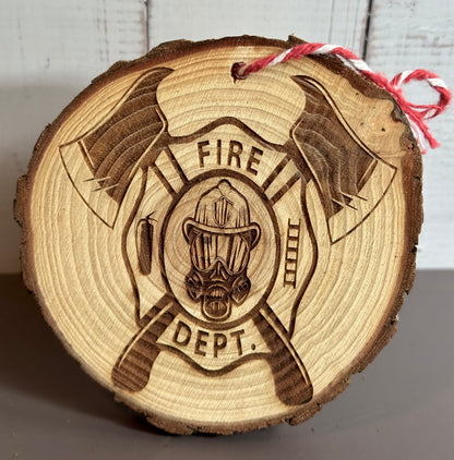Engraved Live Edge Wooden Round Ornament - Fire Department Emblem