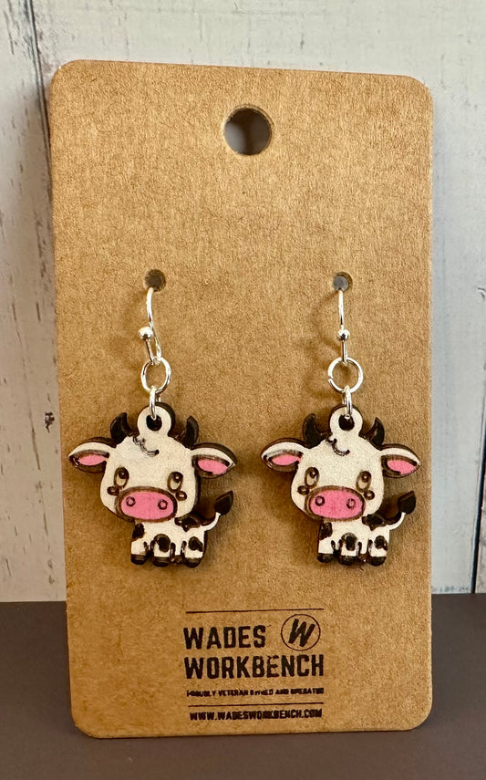 Wooden Engraved Dangle Earrings - Cow