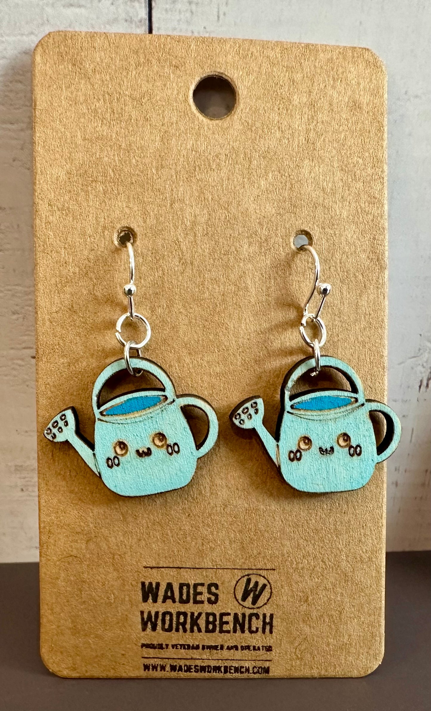 Wooden Engraved Dangle Earrings - Watering Can (One Pair)