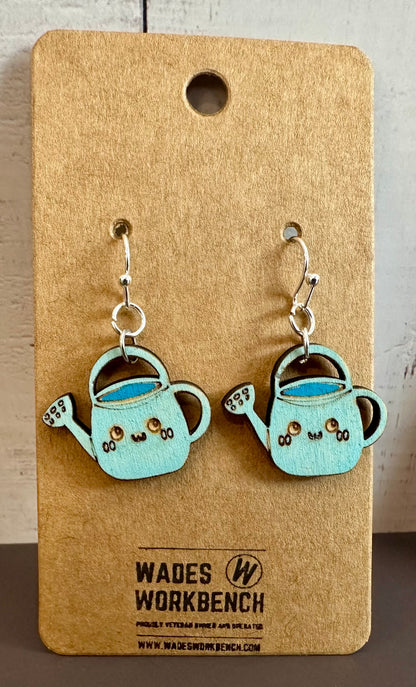 Wooden Engraved Dangle Earrings - Watering Can (One Pair)