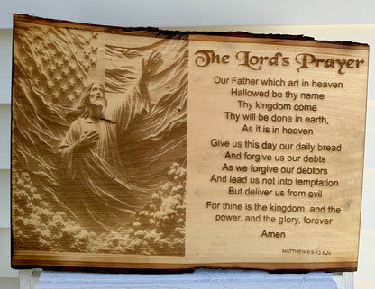 The Lord’s Prayer with Reaching Jesus and Flag Live Edge Rectangular Plaque
