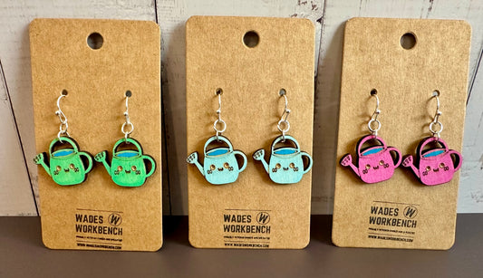 Wooden Engraved Dangle Earrings - Watering Can (One Pair)