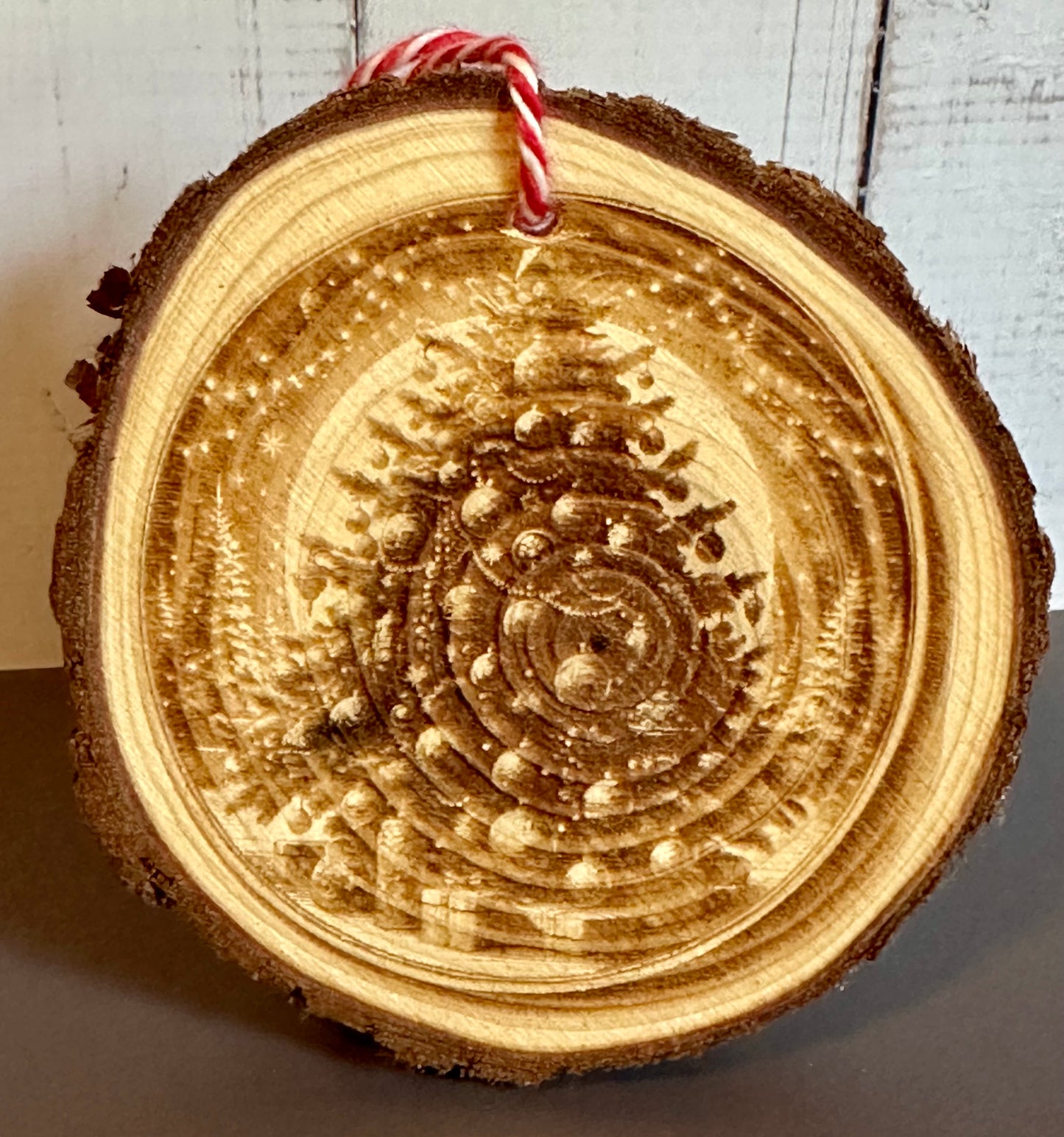 Engraved Live Edge Wooden Round Ornament - Ornate Decorative Christmas Tree