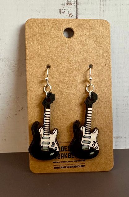 Wooden Engraved Dangle Earrings - Electric Guitar
