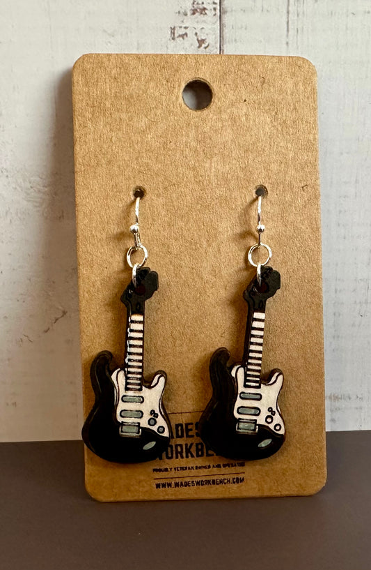 Wooden Engraved Dangle Earrings - Electric Guitar