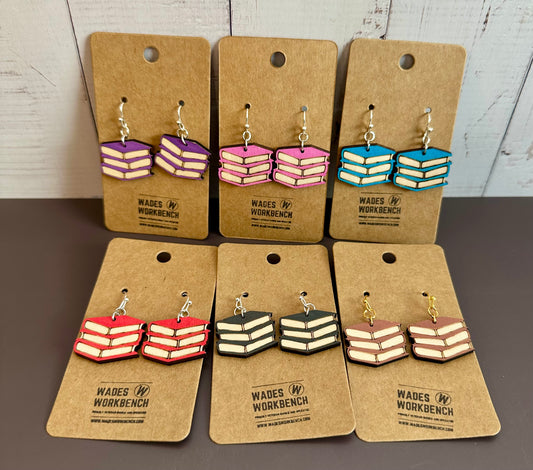 Wooden Engraved Dangle Earrings - Book Stack (One Pair)