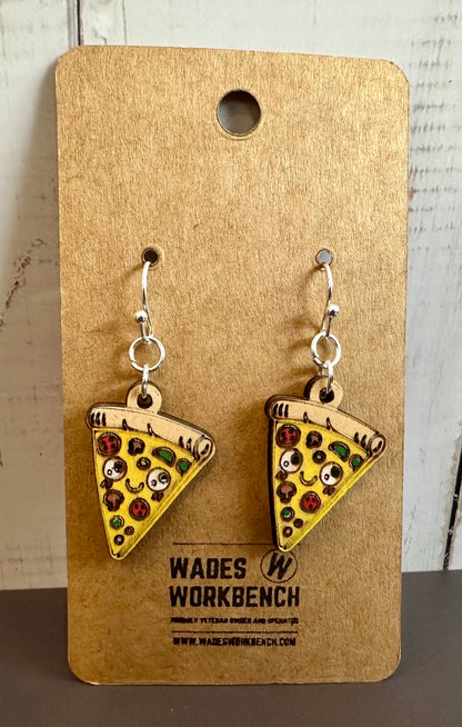 Wooden Engraved Dangle Earrings - Pizza