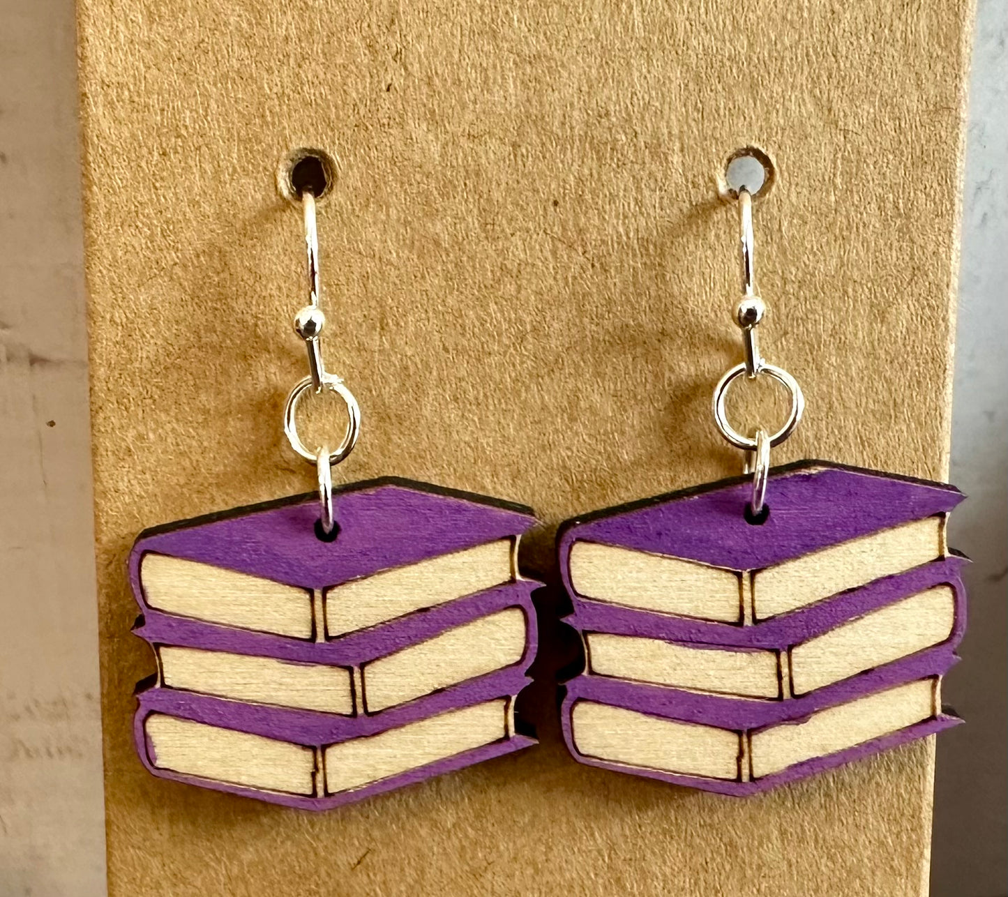 Wooden Engraved Dangle Earrings - Book Stack (One Pair)