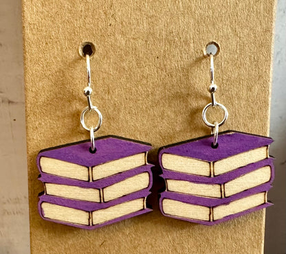 Wooden Engraved Dangle Earrings - Book Stack (One Pair)