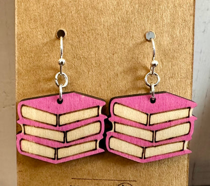 Wooden Engraved Dangle Earrings - Book Stack (One Pair)