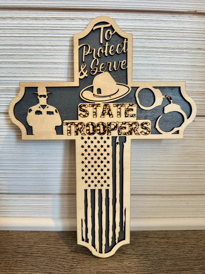3D Layered and Engraved Wood Cross - State Trooper
