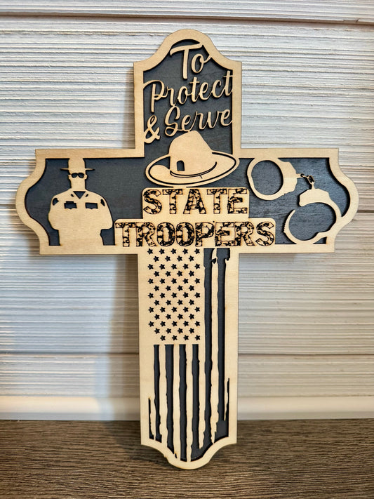 3D Layered and Engraved Wood Cross - State Trooper