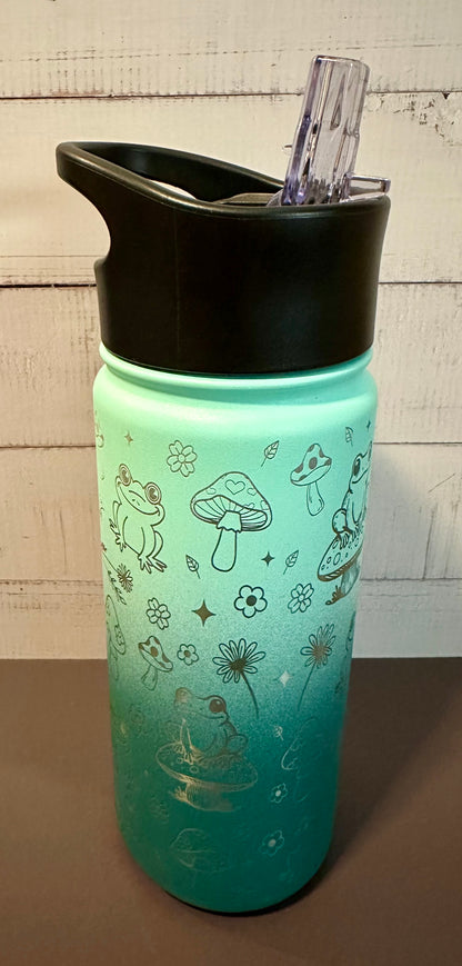 16oz. Insulated Water Bottle with Straw Lid - Varigated Teal Ombré, Frogs and Toadstools