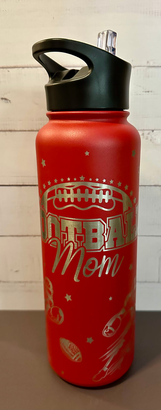 40oz. Insulated Water Bottle with Collapsible Straw Lid - Red, Football Mom