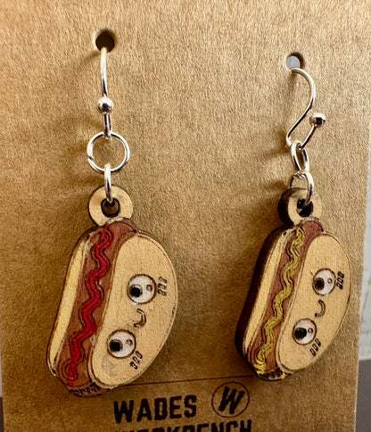 Wooden Engraved Dangle Earrings - Hot Dog