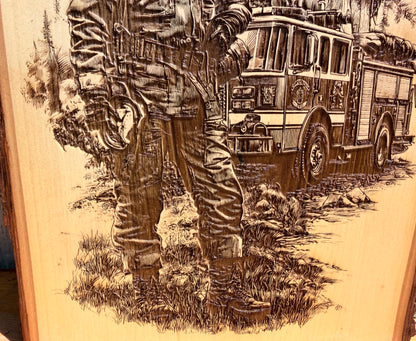 Plaque Live Edge Rectangular - Fireman with Firetruck