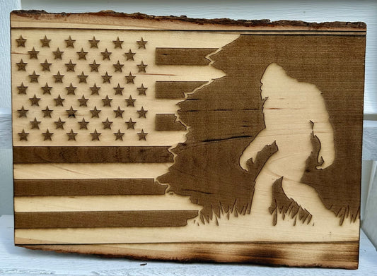 Sasquatch Bigfoot and Flag Live Edge Rectangular Plaque