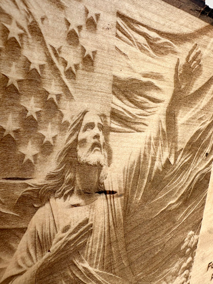 The Lord’s Prayer with Reaching Jesus and Flag Live Edge Rectangular Plaque