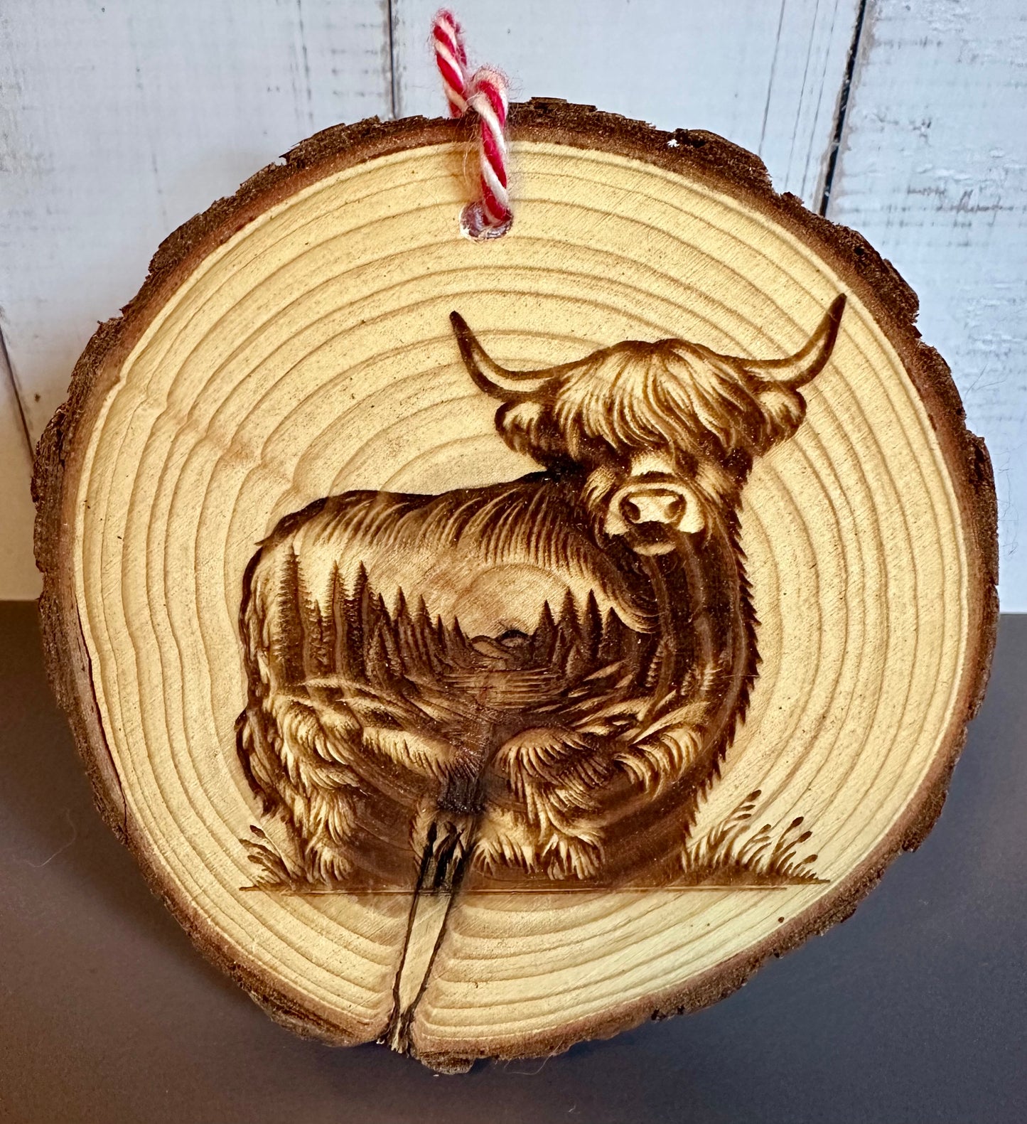 Engraved Live Edge Wooden Round Ornament - Highland Coo with Inner Wilderness Scene