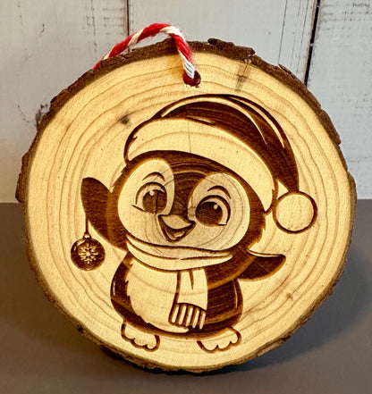Engraved Live Edge Wooden Round Ornament - Penguin in Santa Hat