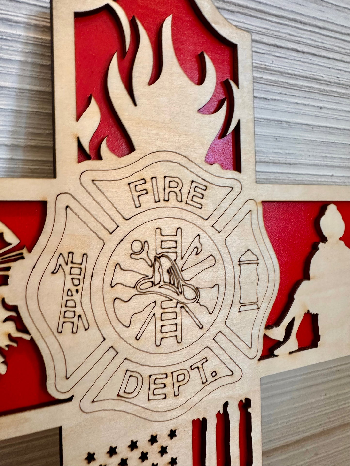 3D Layered and Engraved Wood Cross - Firefighter