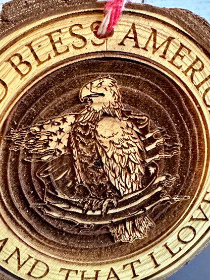 Engraved Live Edge Wooden Round Ornament - God Bless America