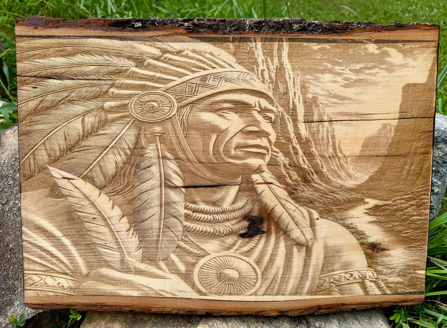 Native American Close Up Profile Live Edge Rectangular Plaque