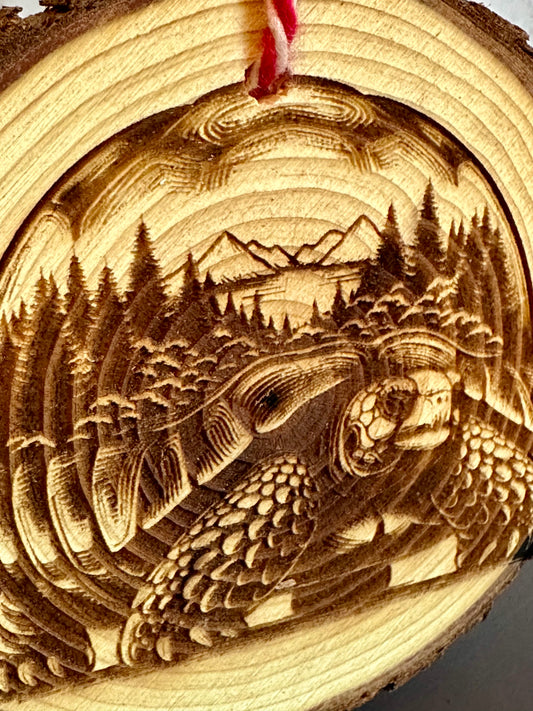 Engraved Live Edge Wooden Round Ornament - Turtle with Inner Wilderness Scene