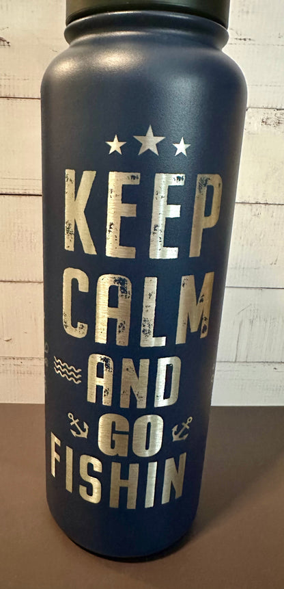 40oz. Insulated Water Bottle with Collapsible Straw Lid - Navy, Keep Calm and Go Fishing