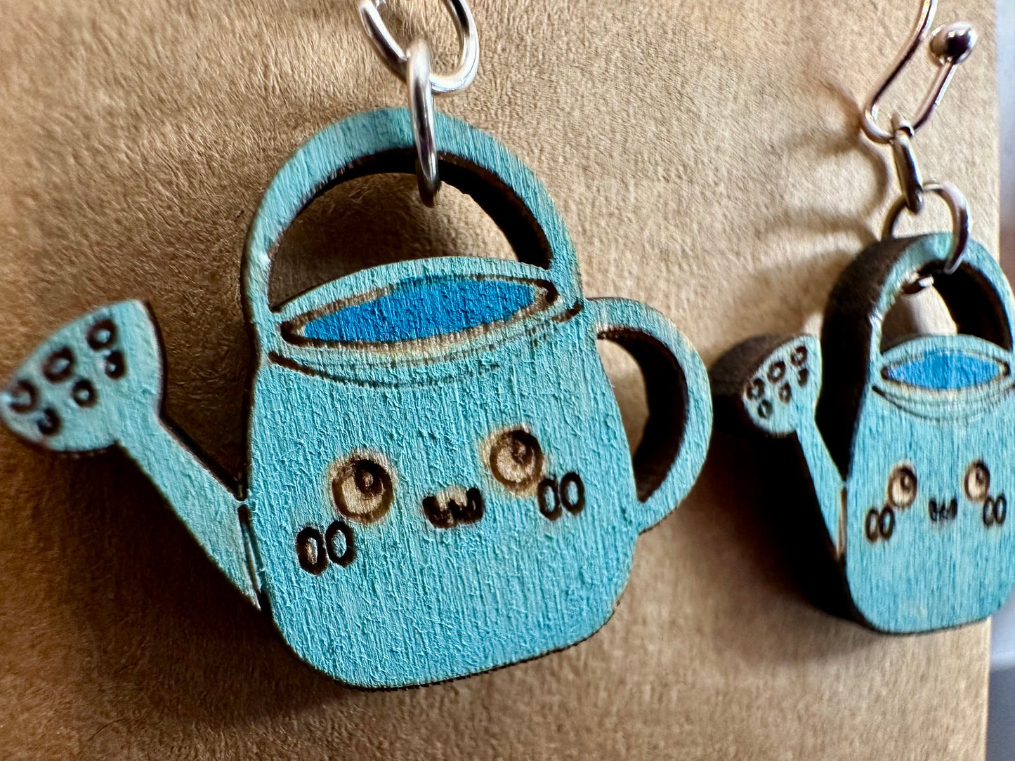 Wooden Engraved Dangle Earrings - Watering Can (One Pair)