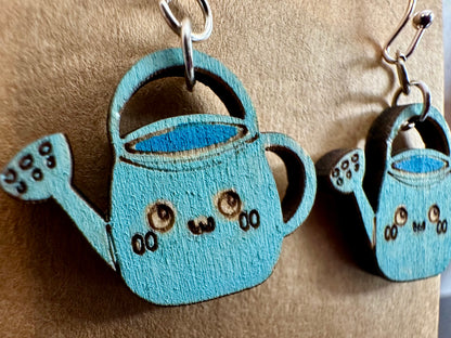 Wooden Engraved Dangle Earrings - Watering Can (One Pair)