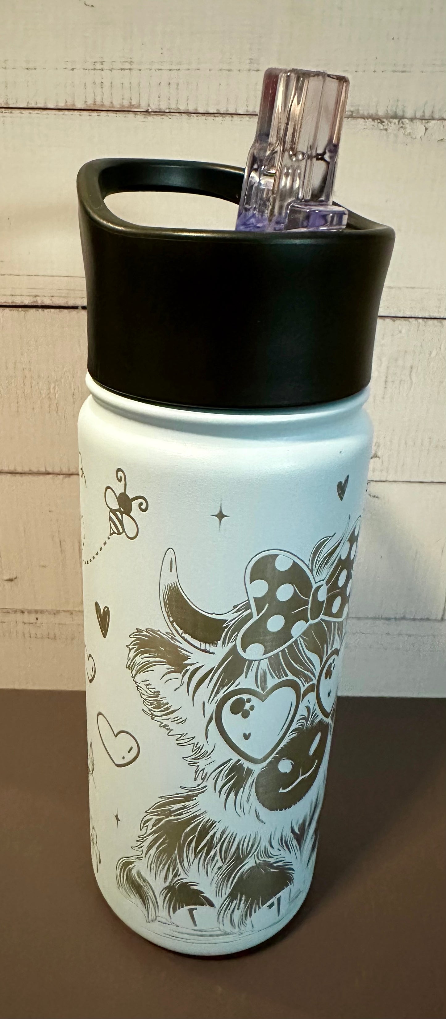 16oz. Insulated Water Bottle with Straw Lid - Light Blue, Highland Coo with Bow and Glasses