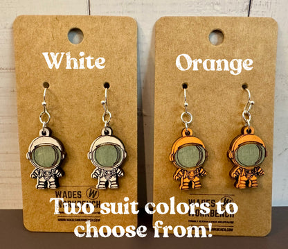 Wooden Engraved Dangle Earrings - Astronaut (One Pair)
